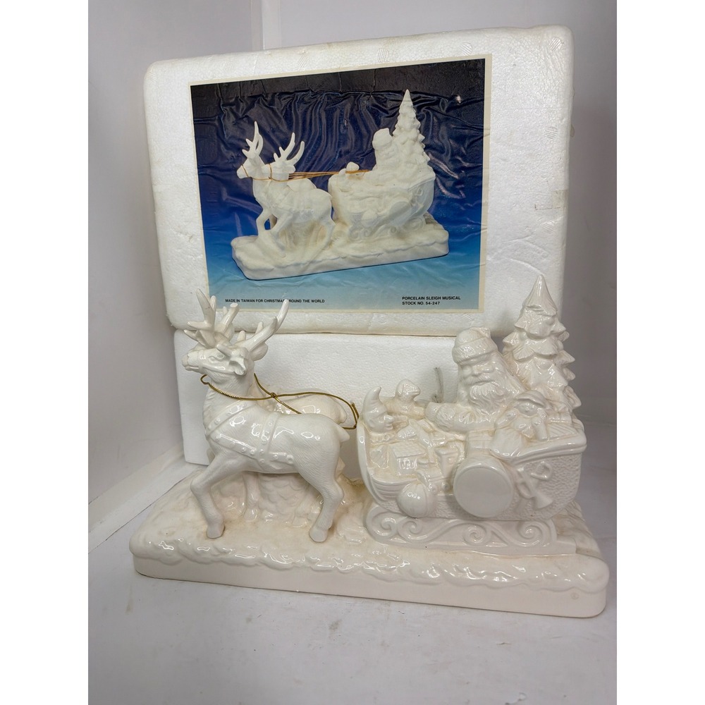 Christmas Around the World Porcelain Sleigh Musical Santa Reindeer 54-247 White